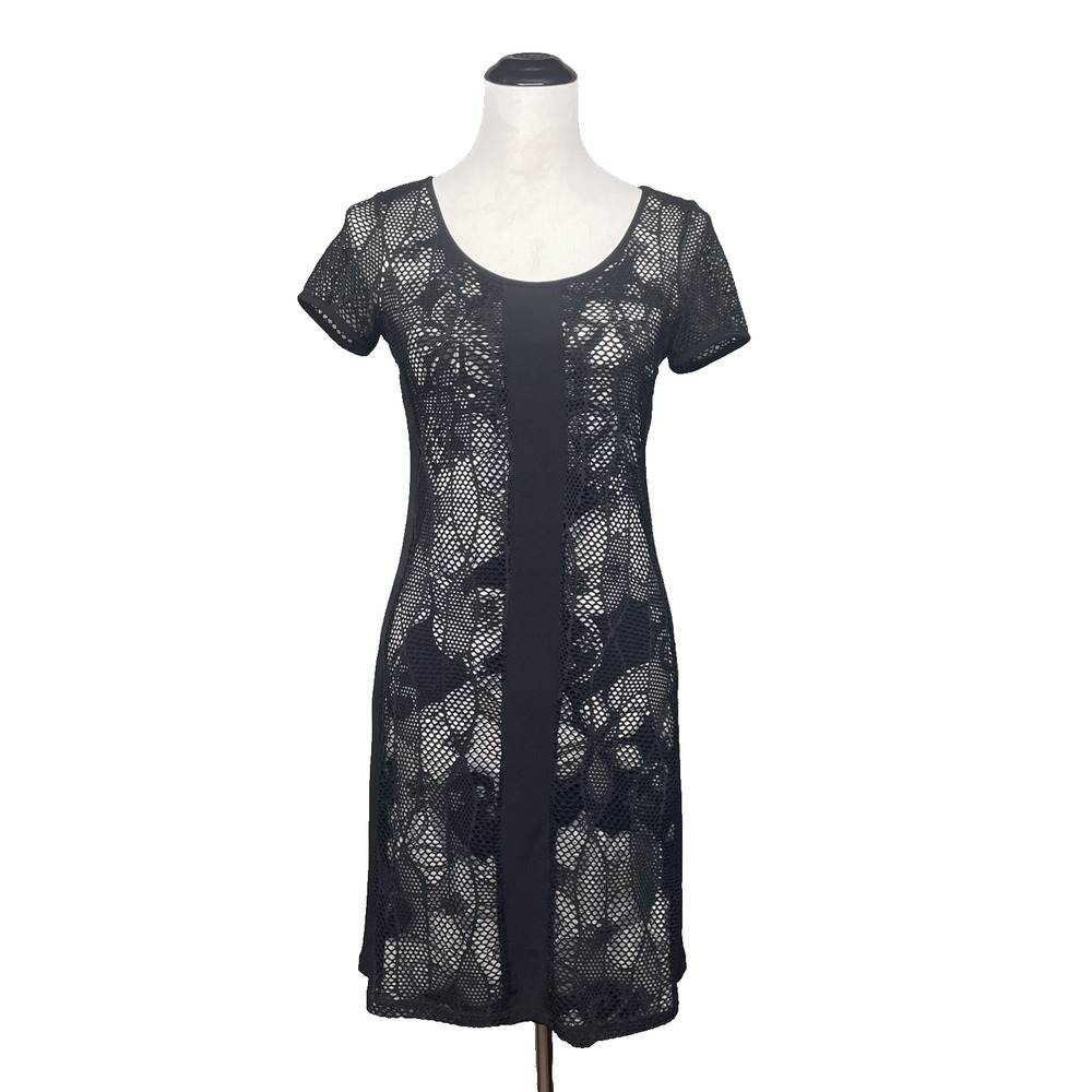 Papillon Blanc Mesh Knit Gray & Black Floral Dress S/P Sheath Layered Lined